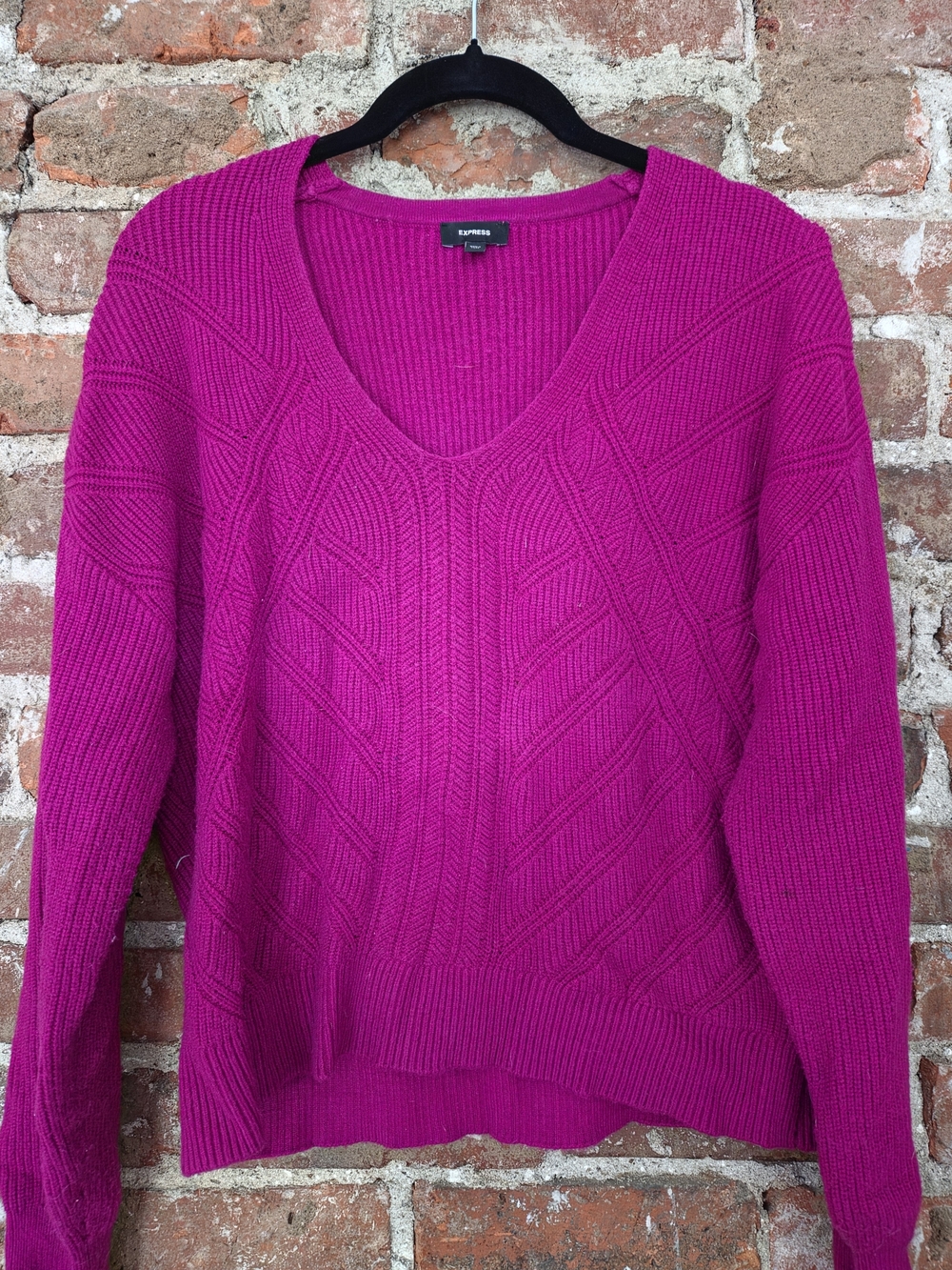 Express Women’s V-Neck Cable Knit Sweater in Fuchsia